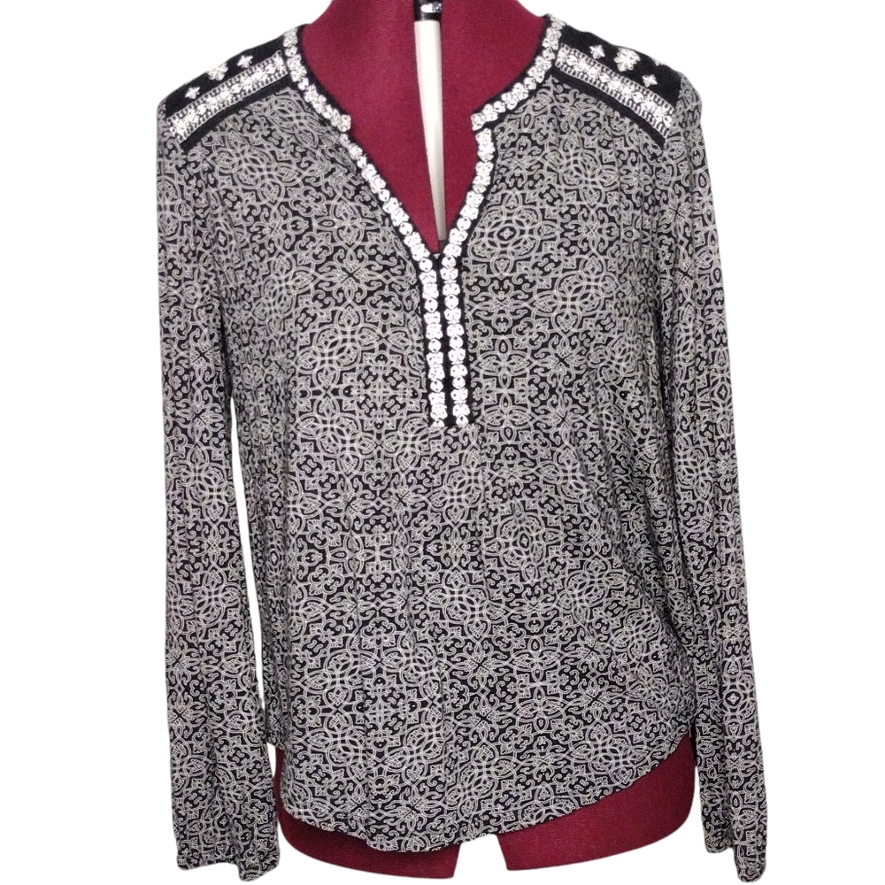 Lucky Brand size S black white embroidered bohemian tunic shirt blouse